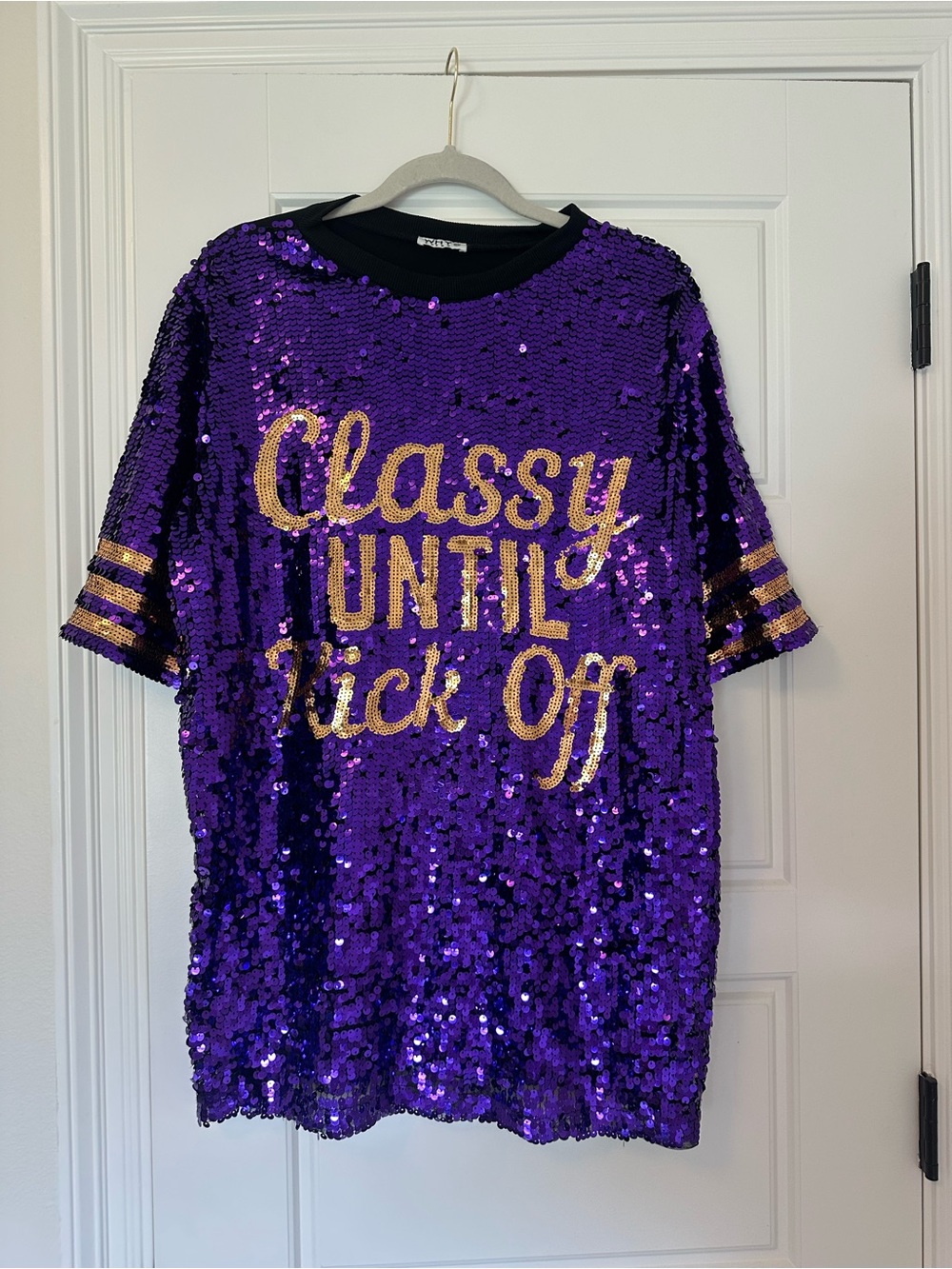 Purple Sequin Statement Dress with Gold Lettering